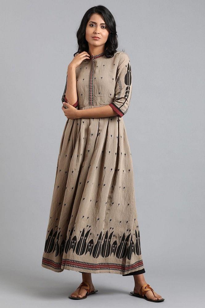 Brown Mandarin Neck Printed kurta - wforwoman