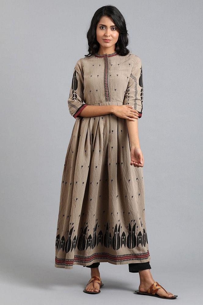 Brown Mandarin Neck Printed kurta - wforwoman