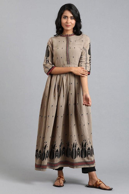 Brown Mandarin Neck Printed kurta - wforwoman