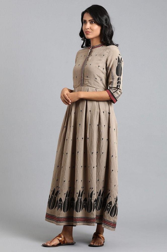 Brown Mandarin Neck Printed kurta - wforwoman