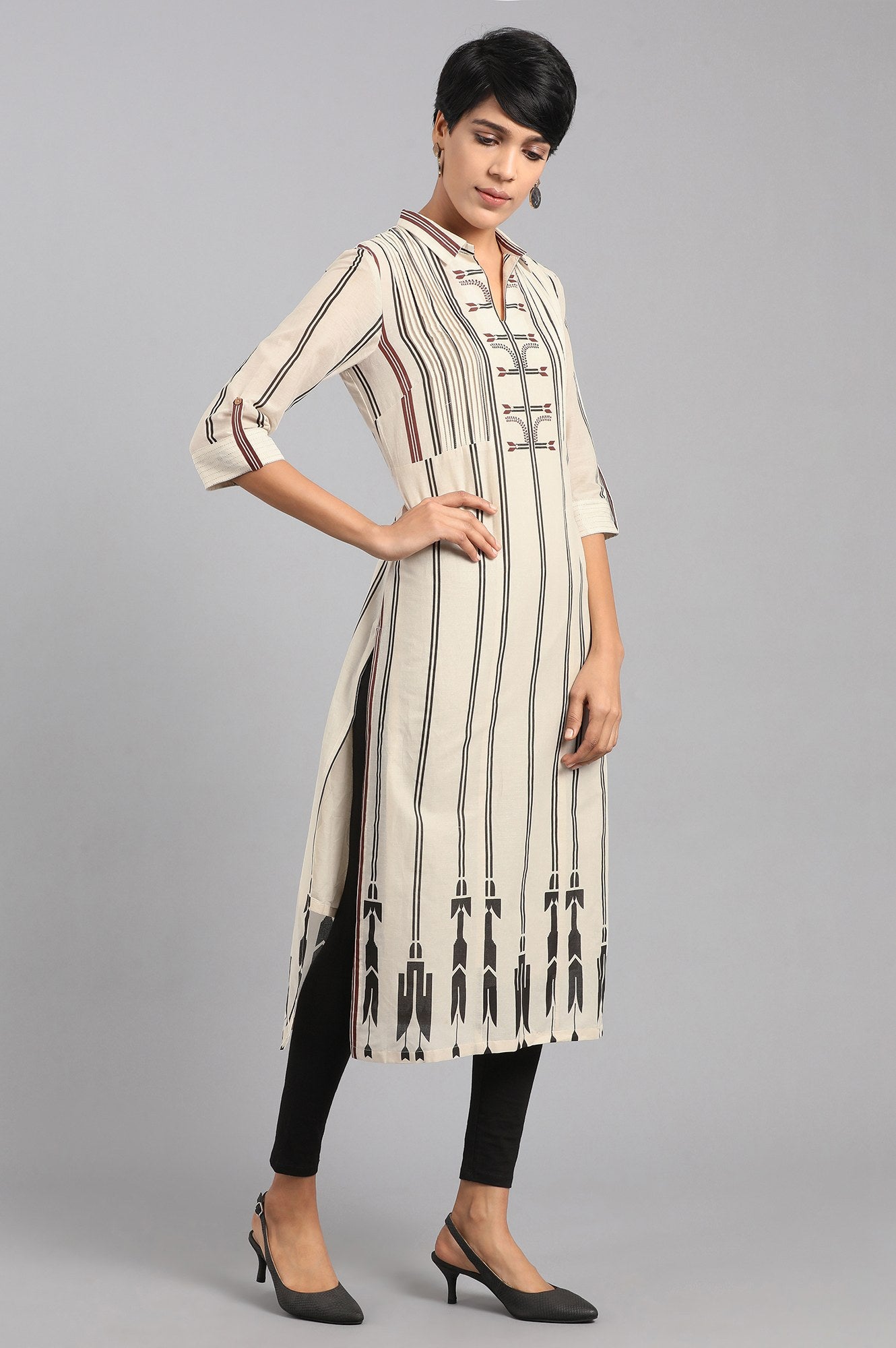 Ecru Shirt Collar Printed kurta