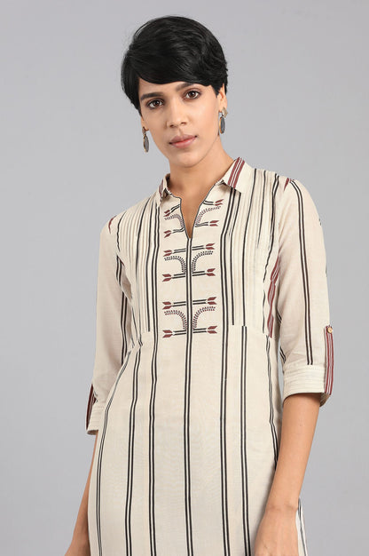 Ecru Shirt Collar Printed kurta