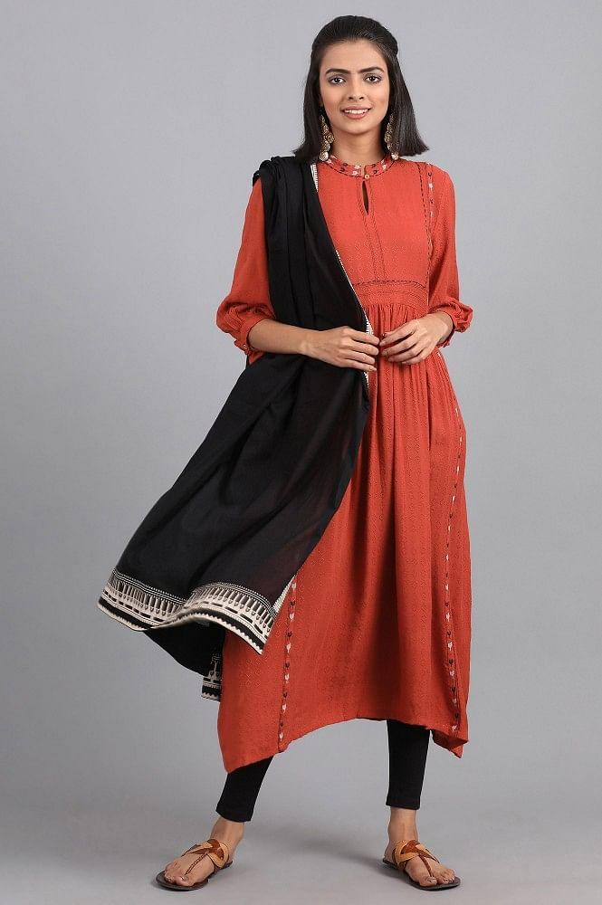 Orange Mandarin Neck Solid kurta - wforwoman