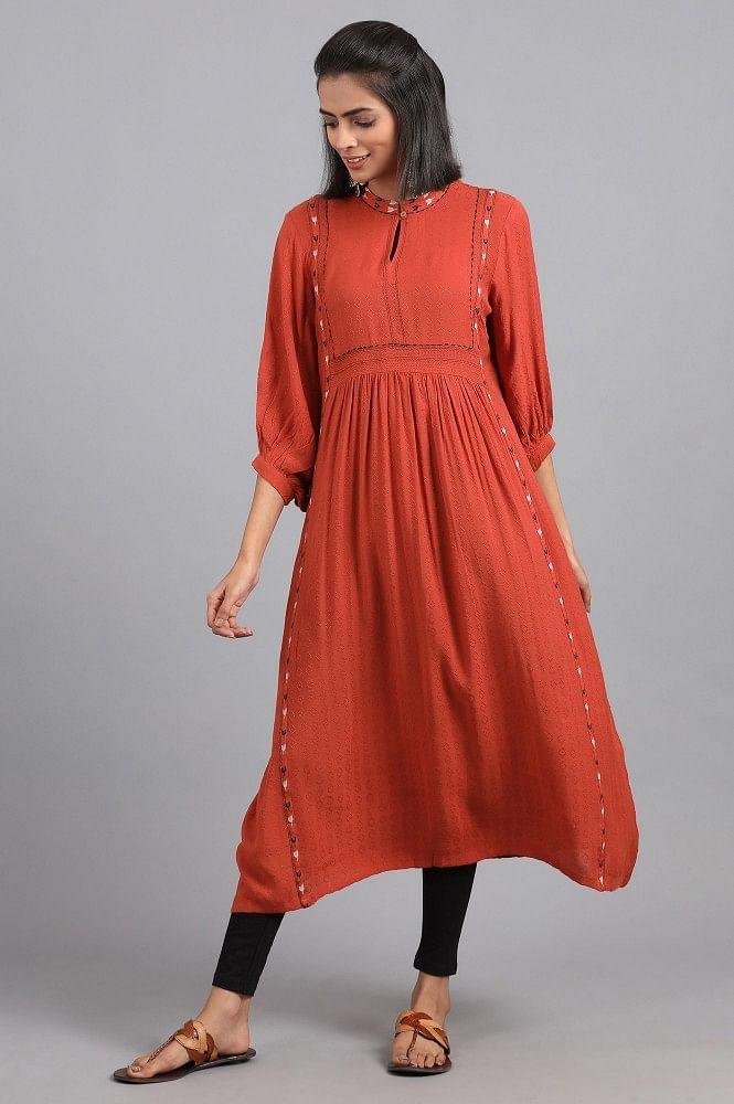 Orange Mandarin Neck Solid kurta - wforwoman