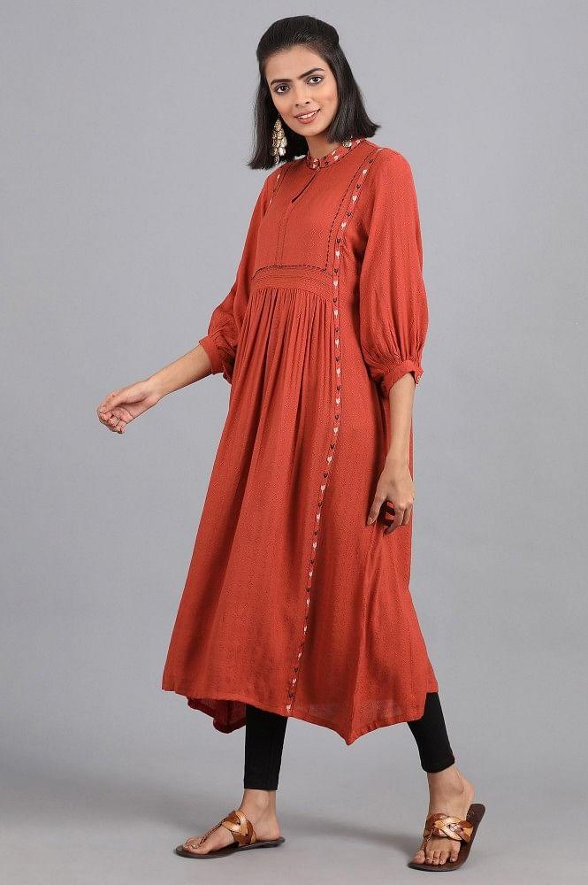 Orange Mandarin Neck Solid kurta - wforwoman