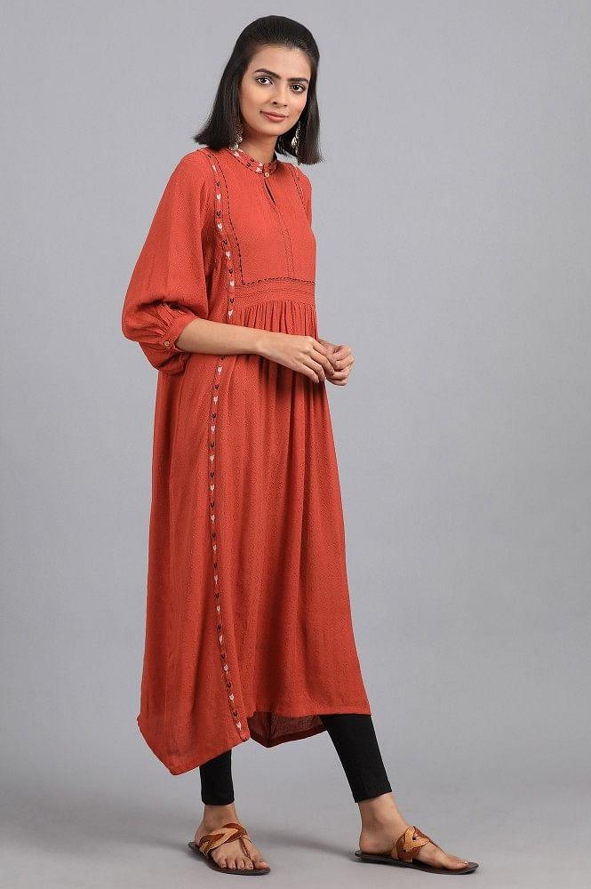 Orange Mandarin Neck Solid kurta - wforwoman