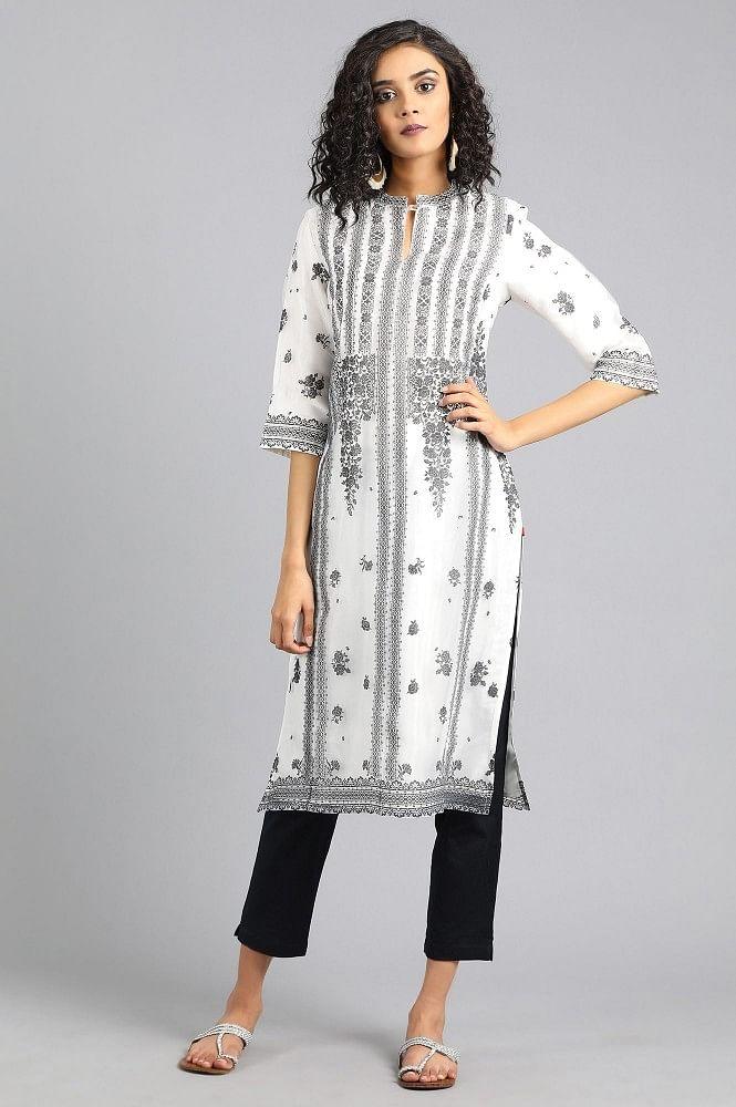 White Mandarin Neck Printed kurta - wforwoman