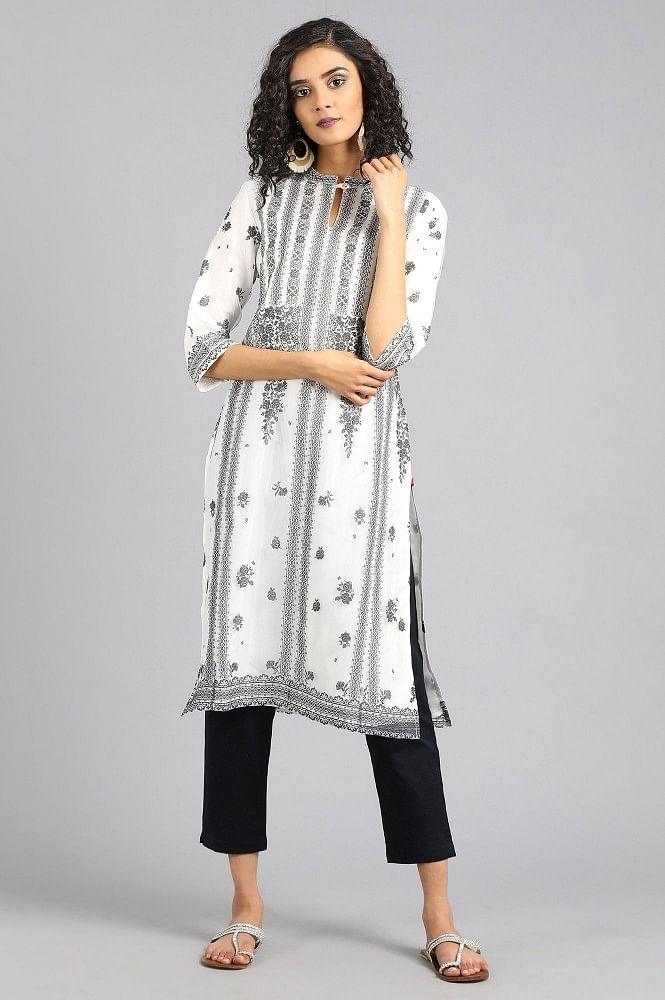 White Mandarin Neck Printed kurta - wforwoman