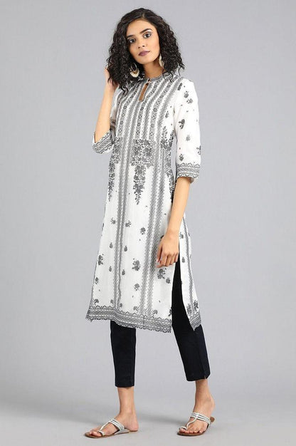 White Mandarin Neck Printed kurta - wforwoman