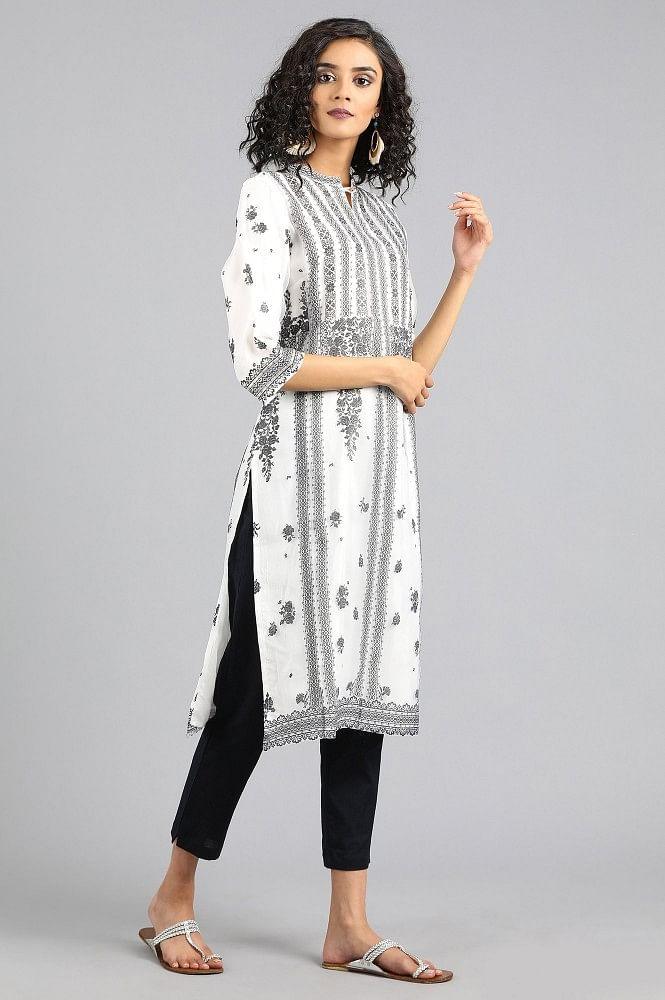 White Mandarin Neck Printed kurta - wforwoman