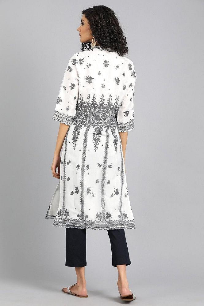 White Mandarin Neck Printed kurta - wforwoman