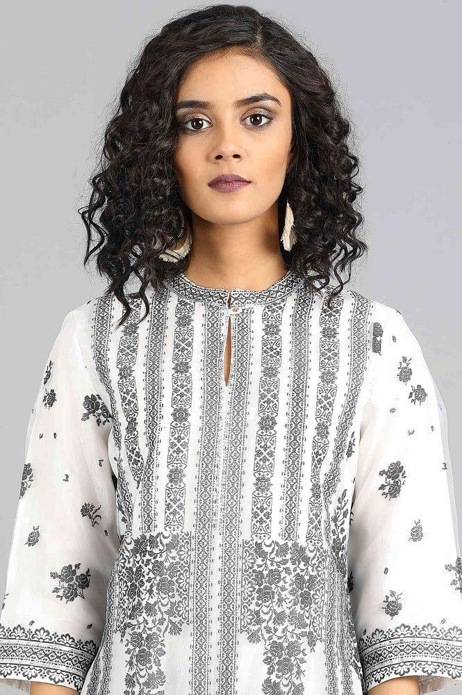 White Mandarin Neck Printed kurta - wforwoman