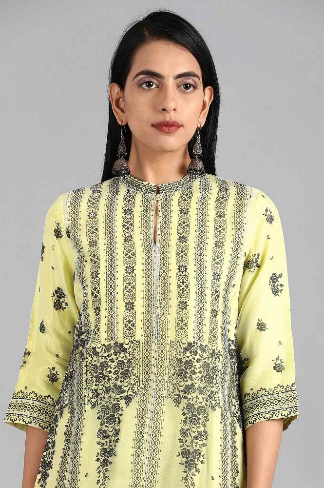 Green Mandarin Neck Printed kurta - wforwoman