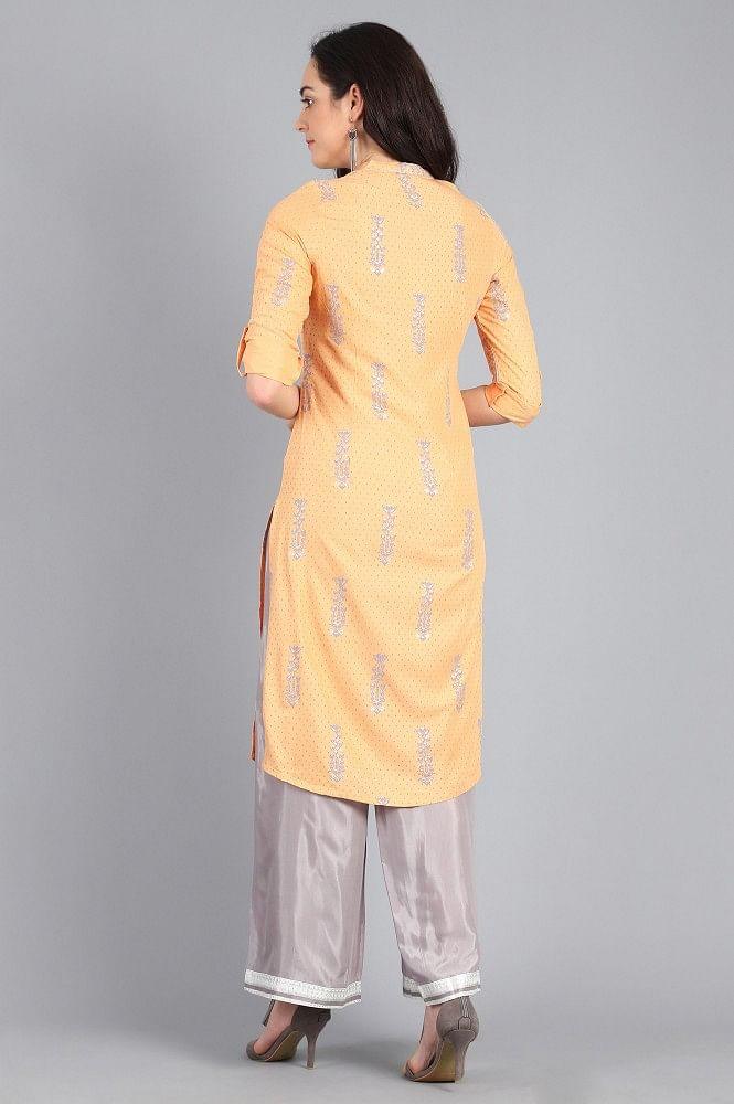 Orange Mandarin Neck Printed kurta - wforwoman