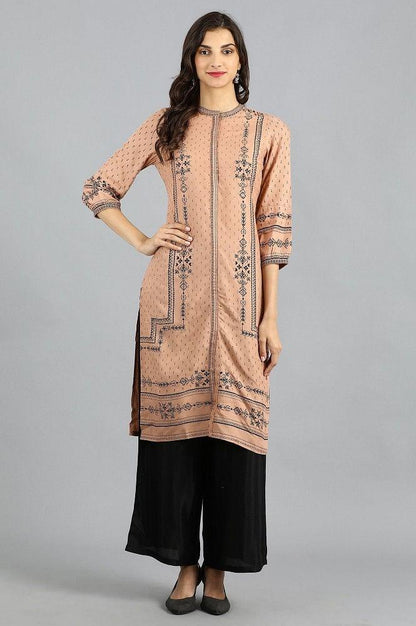 Brown Mandarin Neck Printed kurta - wforwoman