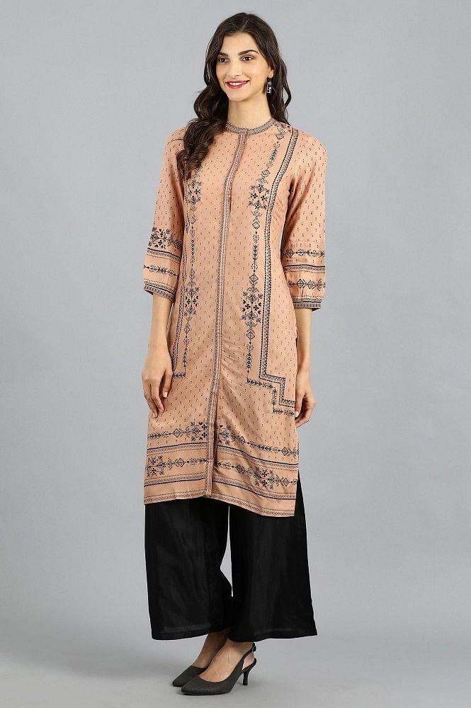 Brown Mandarin Neck Printed kurta - wforwoman