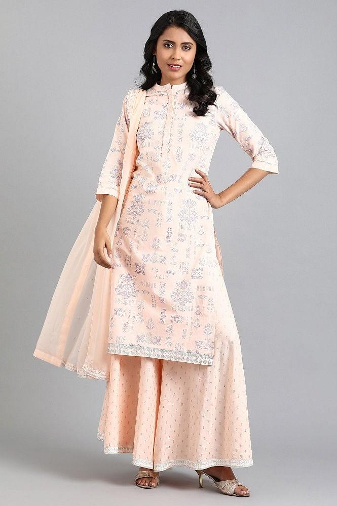 Peach Mandarin Neck Printed kurta - wforwoman