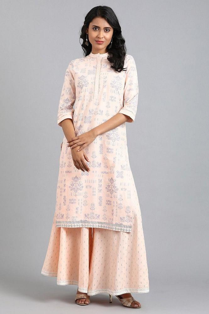 Peach Mandarin Neck Printed kurta - wforwoman