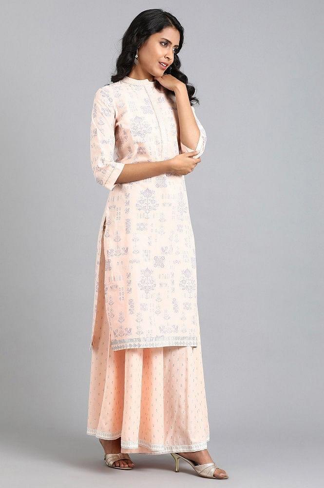 Peach Mandarin Neck Printed kurta - wforwoman