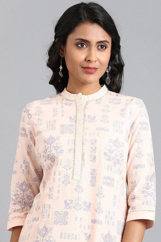 Peach Mandarin Neck Printed kurta - wforwoman