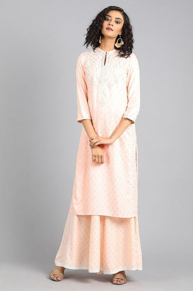 Light Pink Mandarin Neck Printed kurta - wforwoman