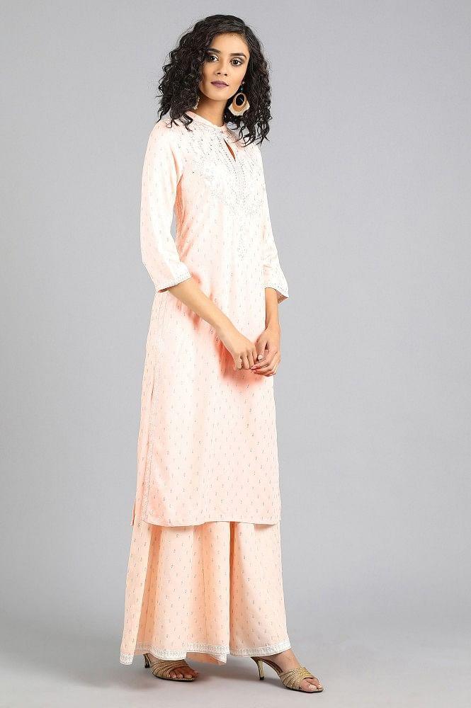 Light Pink Mandarin Neck Printed kurta - wforwoman