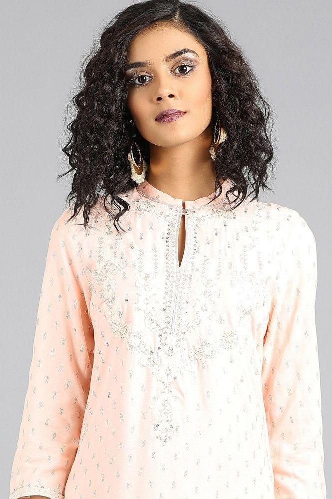 Light Pink Mandarin Neck Printed kurta - wforwoman