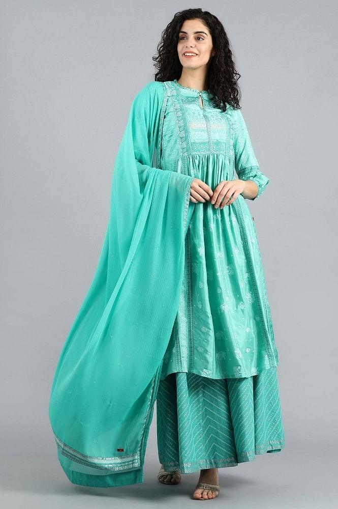 Green Mandarin Neck Printed kurta - wforwoman