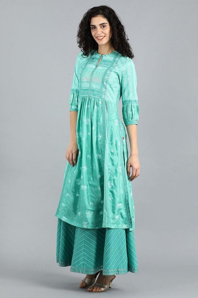 Green Mandarin Neck Printed kurta - wforwoman