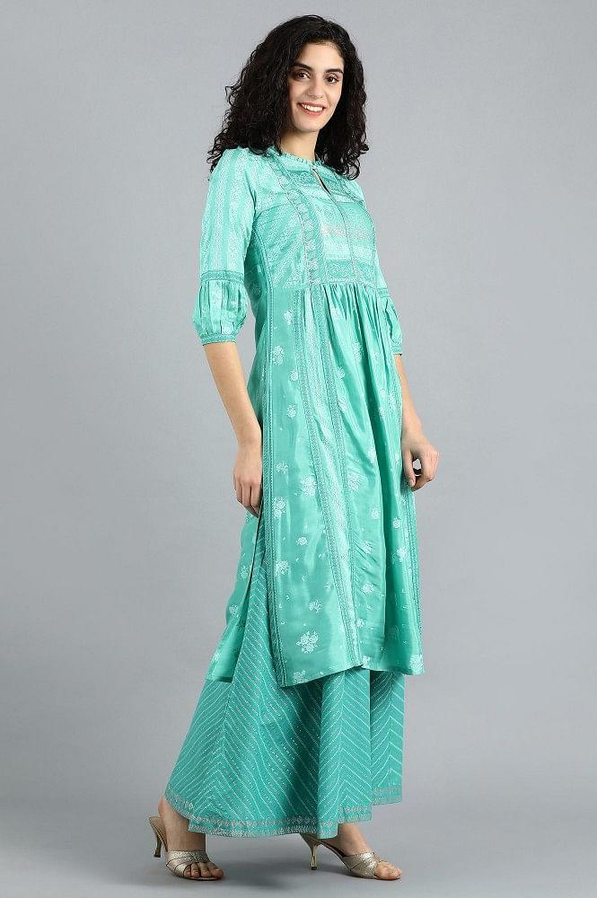 Green Mandarin Neck Printed kurta - wforwoman