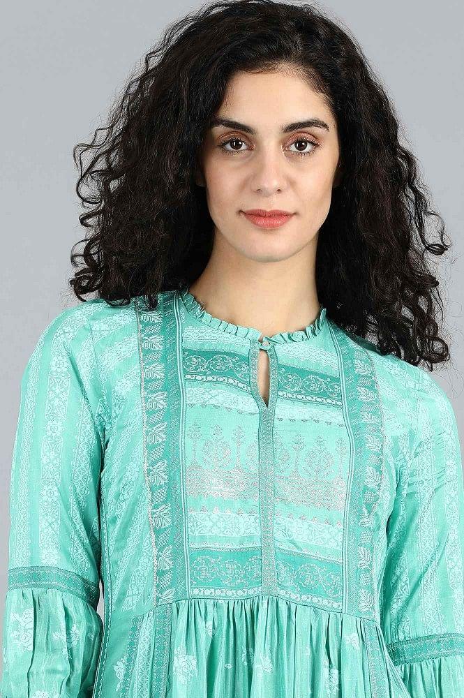 Green Mandarin Neck Printed kurta - wforwoman