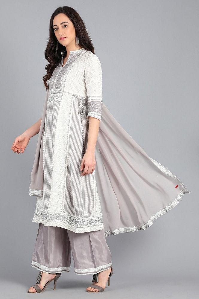 White Mandarin Neck Printed kurta - wforwoman