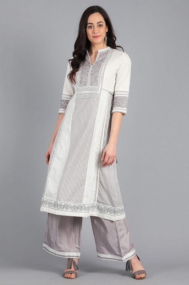 White Mandarin Neck Printed kurta - wforwoman