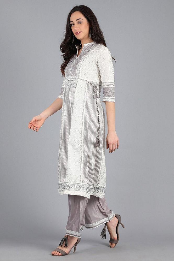 White Mandarin Neck Printed kurta - wforwoman