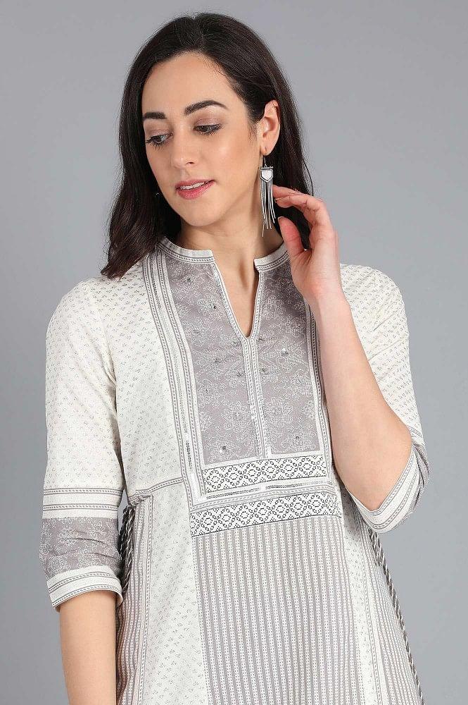 White Mandarin Neck Printed kurta - wforwoman