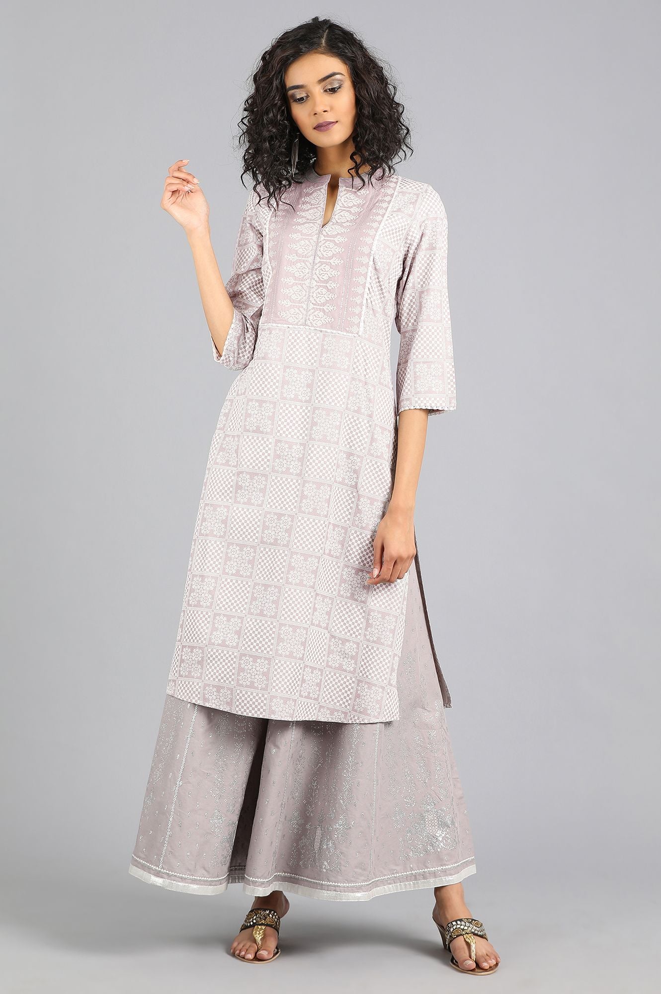 Grey Mandarin Neck Printed kurta