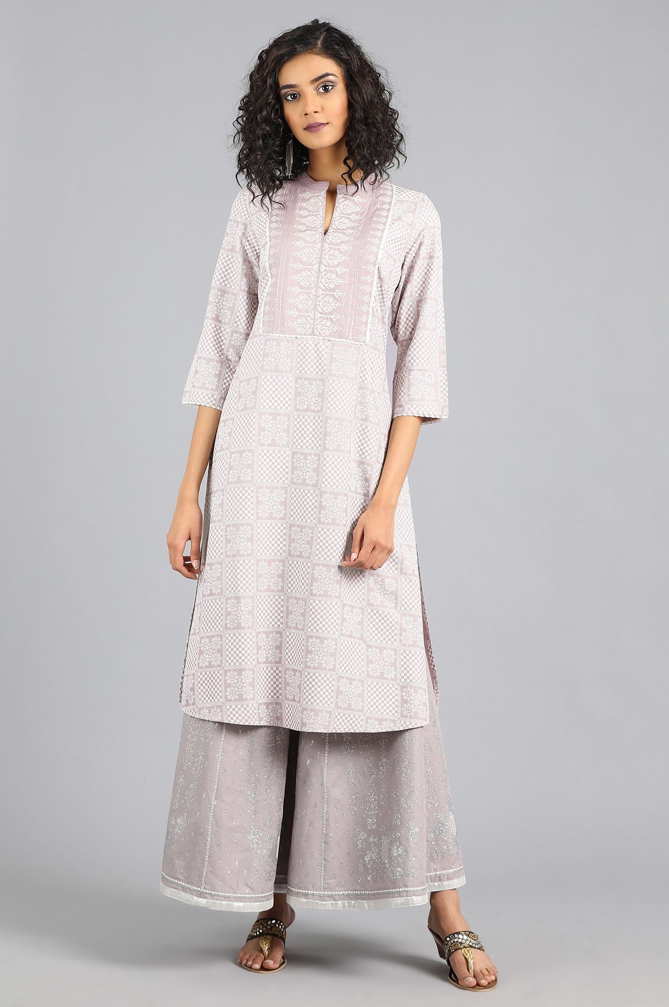 Grey Mandarin Neck Printed kurta