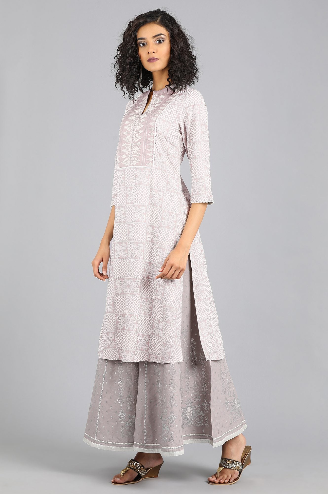 Grey Mandarin Neck Printed kurta