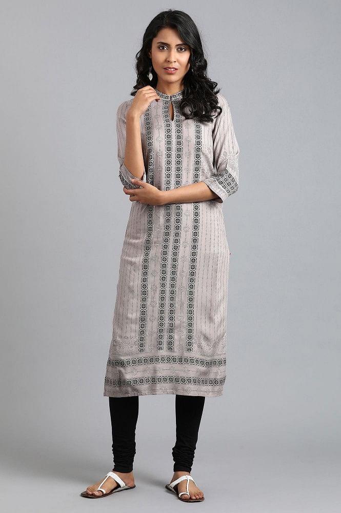 Grey Mandarin Neck Printed kurta - wforwoman