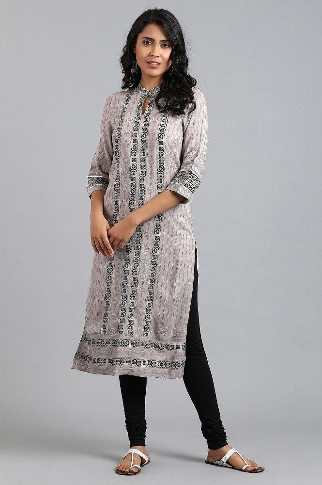 Grey Mandarin Neck Printed kurta - wforwoman