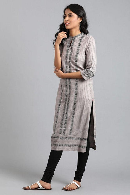 Grey Mandarin Neck Printed kurta - wforwoman