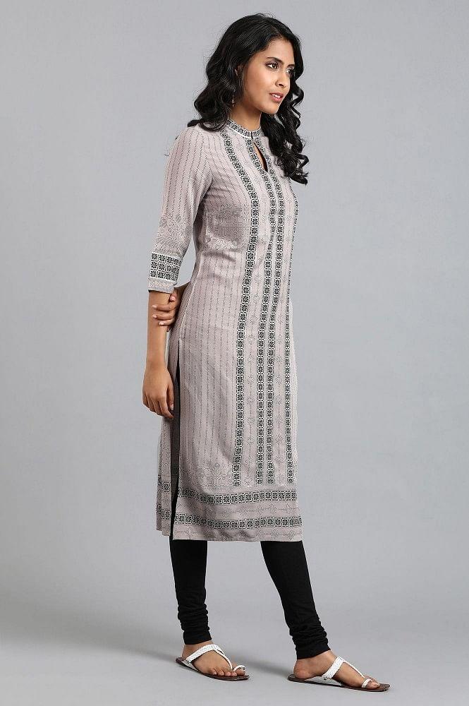 Grey Mandarin Neck Printed kurta - wforwoman