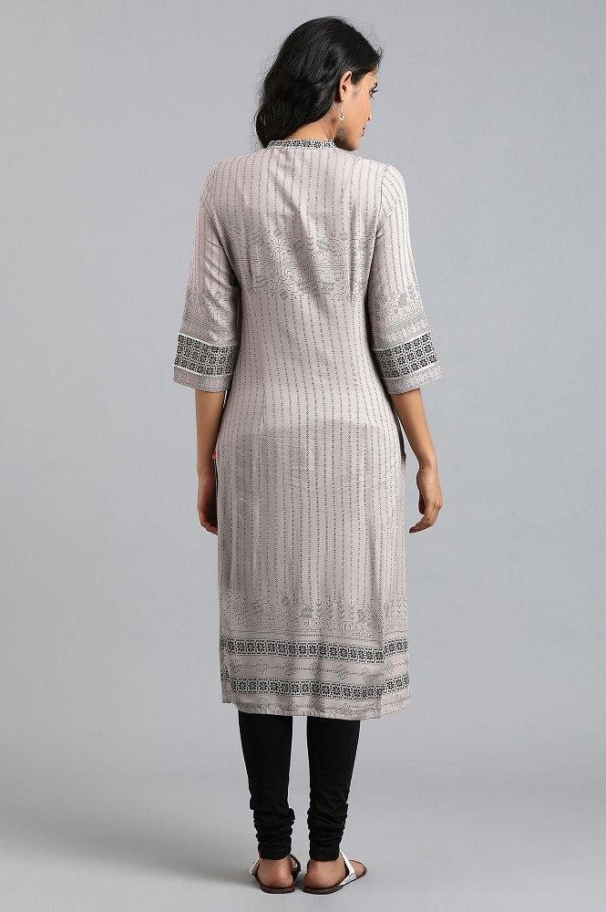 Grey Mandarin Neck Printed kurta - wforwoman