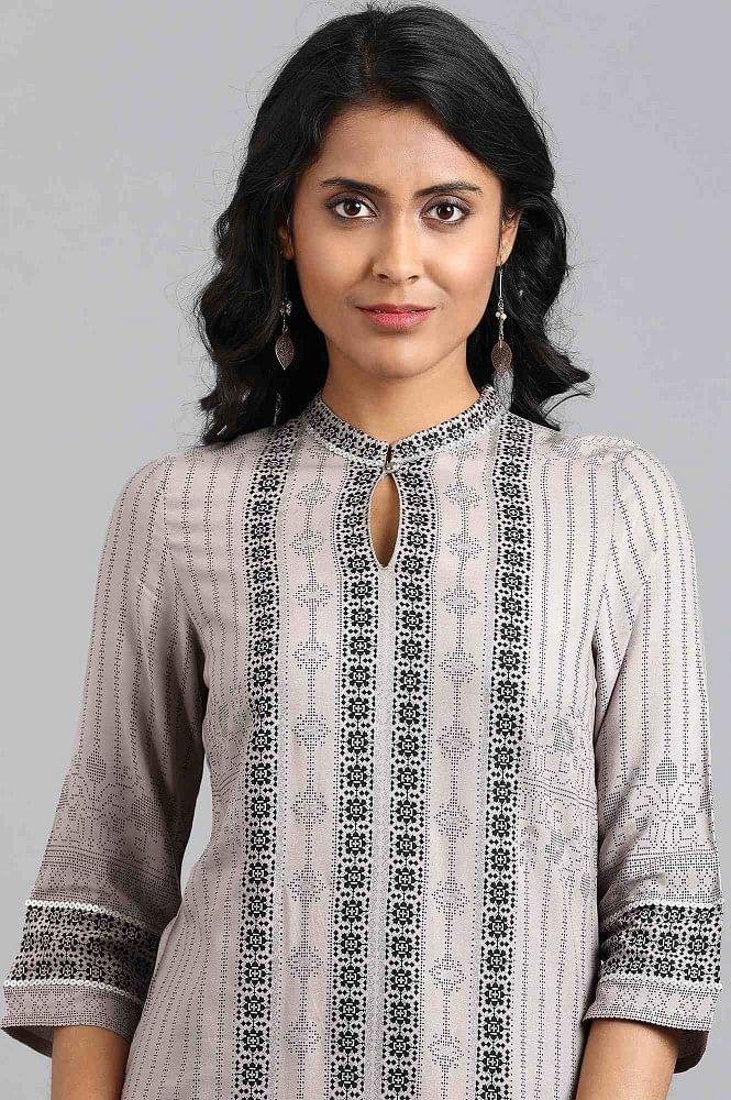 Grey Mandarin Neck Printed kurta - wforwoman