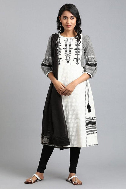 White Round Neck Printed kurta - wforwoman