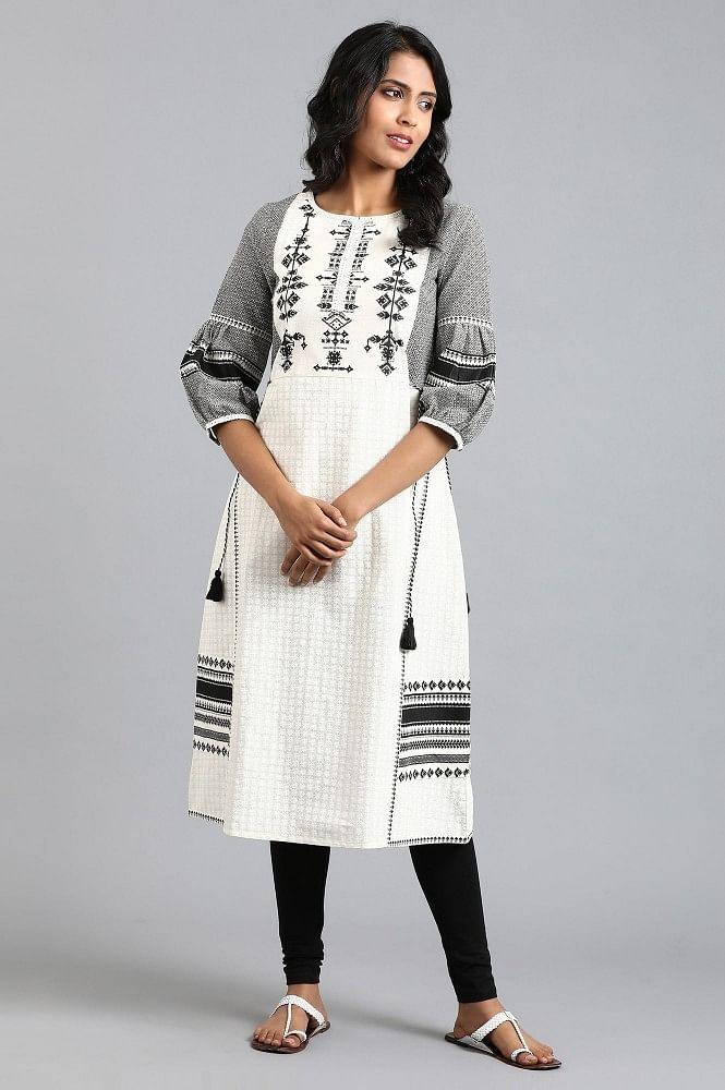 White Round Neck Printed kurta - wforwoman