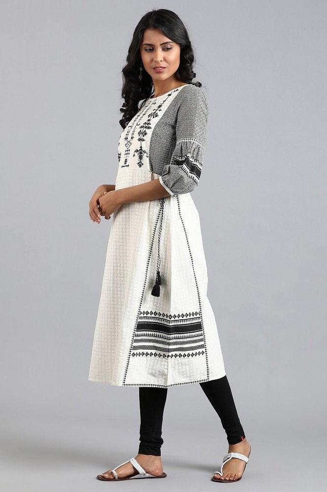 White Round Neck Printed kurta - wforwoman