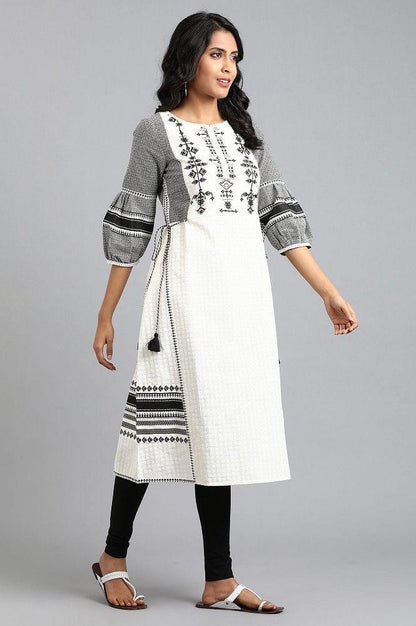 White Round Neck Printed kurta - wforwoman