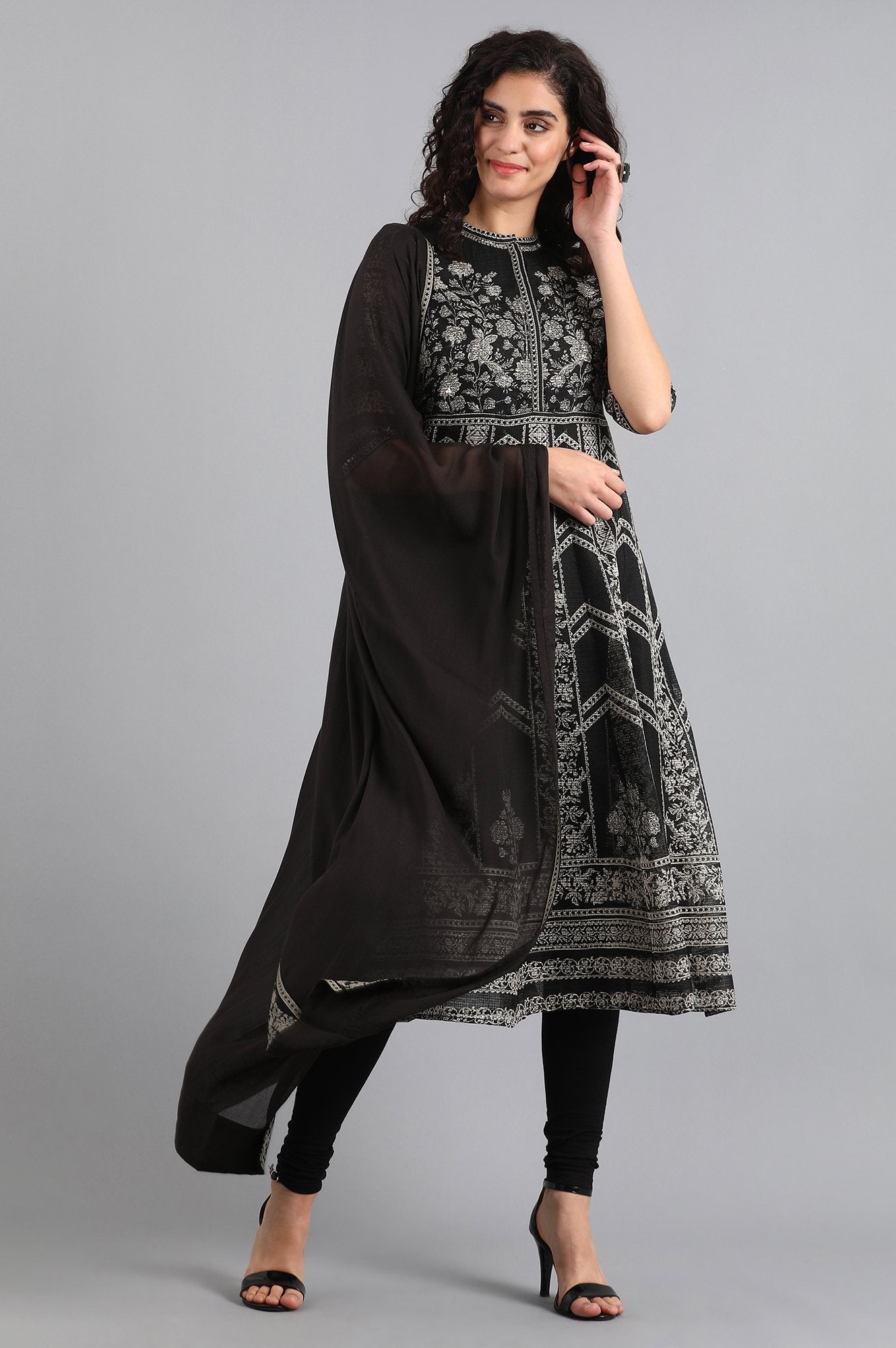 Black Mandarin Neck Printed kurta