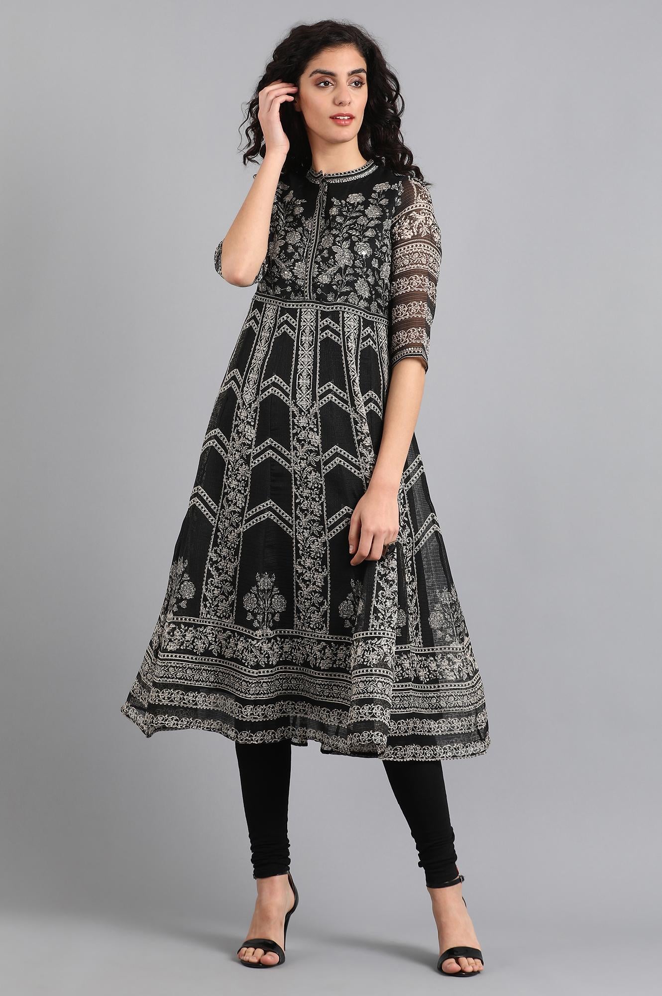 Black Mandarin Neck Printed kurta